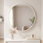 Ümmargune valge metallraamiga minimalistlik seinapeegel Mira elutoas